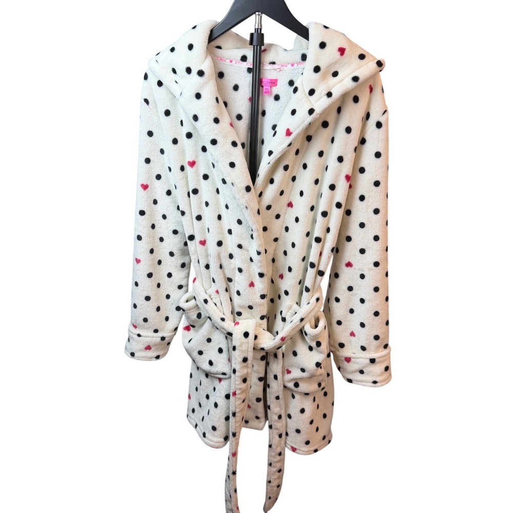 Betsey Johnson Robe Womens XS White Polka Dot Red Heart Hooded Plush ZBE525260F